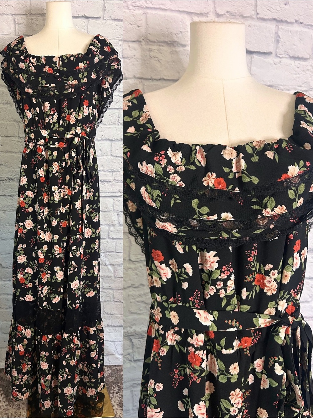 Romantic Floral Black Maxi Dress Lace Trim On Off Shoulder Flowy Tiered Boho